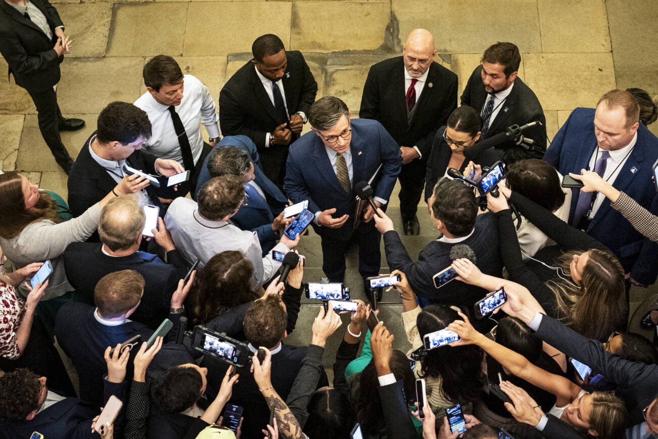 House Speaker Mike Johnson (R-La.) speaks to reporters after returning from a meeting at the White House on Capitol Hill in Washington, on Wednesday, May 21, 2025. (Haiyun Jiang/The New York Times)