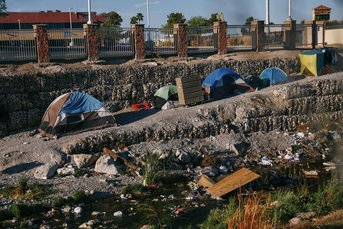 Homeless encampments sit along the wash behind Target, close to the corner of Flamingo Road and ...