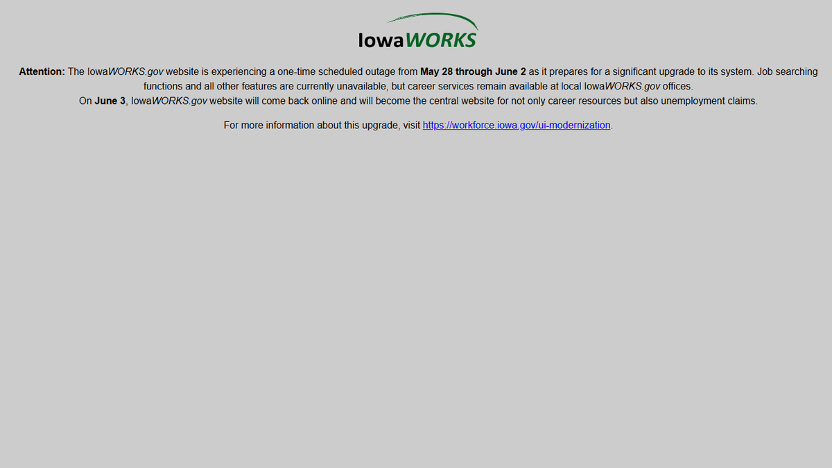 Iowa Workforce Development website down until Monday