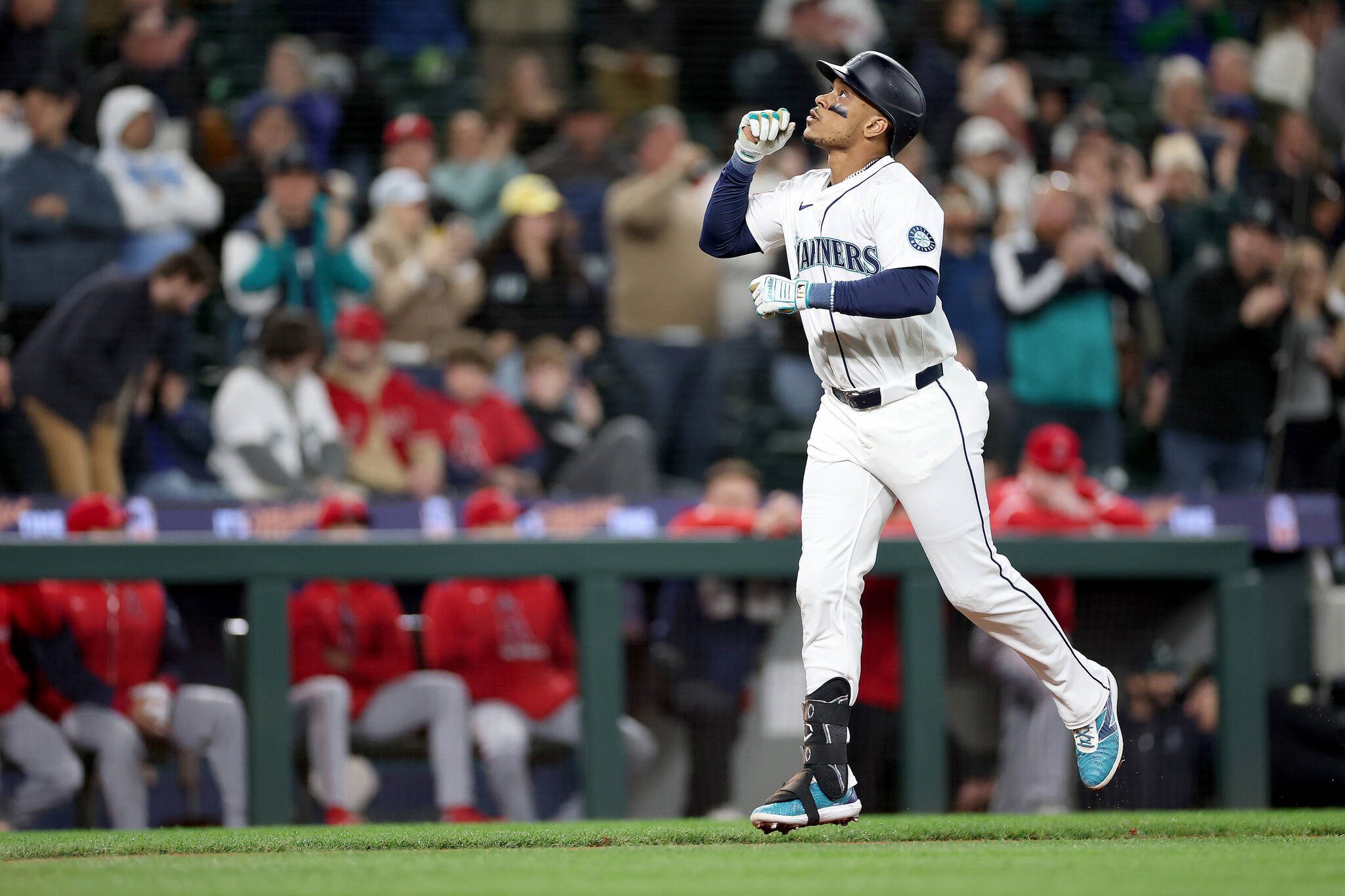 Jorge Polanco of the Seattle Mariners celebrates his three-run home run during the second inning against the Los Angeles Angels at T-Mobile Park on Tuesday, April 29, 2025, in Seattle. (Steph Chambers / Getty Images / Tribune News Services)