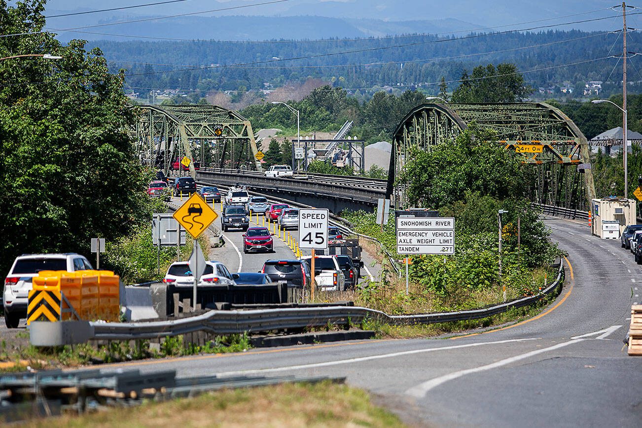 Traffic moves north and south along the southbound side of the Highway 529 after the northbound lanes were closed due to a tunnel on Tuesday, July 2, 2024 in Everett, Washington. (Olivia Vanni / The Herald)