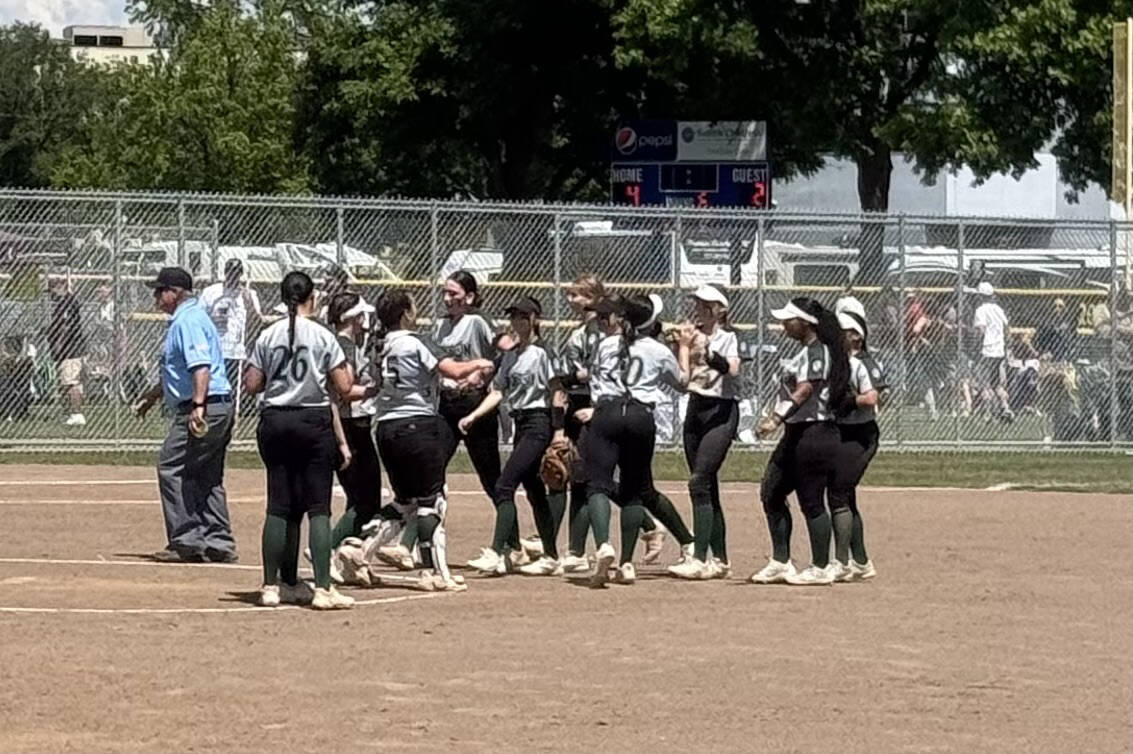 The Jackson High School softball team celebrates after defeating Skyline in the first round of the Class 4A state tournament at Columbia Playfields in Richland, Wash. on Friday, May 23, 2025. (Photo courtesy of Kyle Peacocke / Jackson H.S. Athletics)