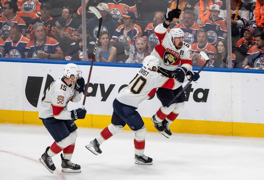 Marchand scores in 2nd OT, Panthers beat Oilers 5-4 in Game 2 to even the Stanley Cup Final