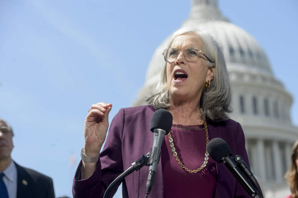 House Minority Whip Katherine Clark, D-Mass., speaks during a news conference at the Capitol, Tuesday, April 29, 2025. (Rod Lamkey, Jr./AP)