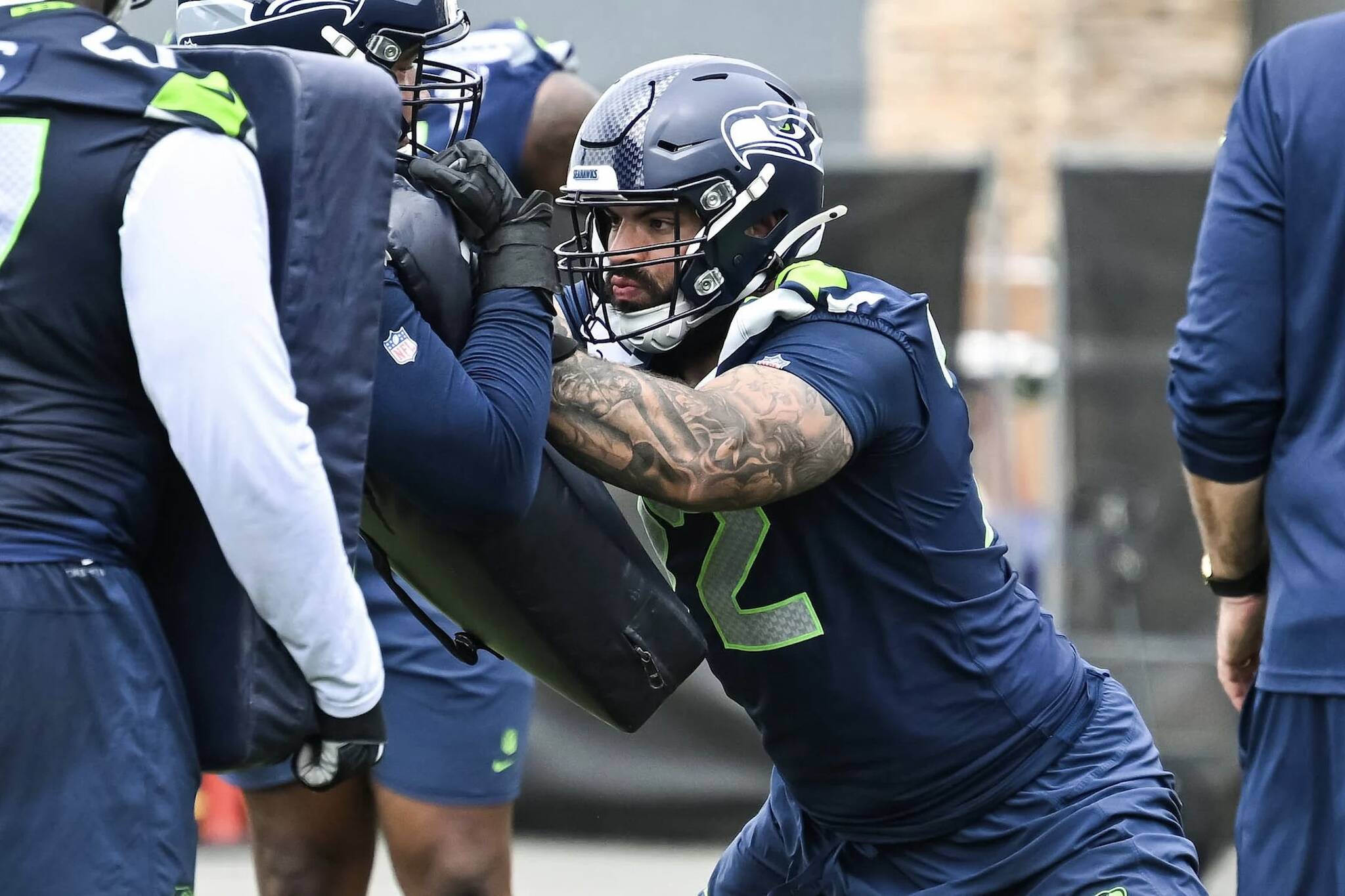 Seahawks offensive tackle Abraham Lucas, an Archbishop Murphy High School graduate, participates in OTAs at the Virginia Mason Athletic Center on Wednesday, June 4, 2025. (Photo courtesy of Rod Mar / Seattle Seahawks)