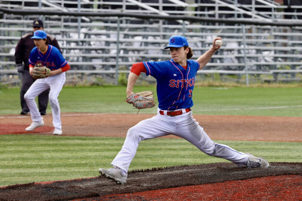 Sitka junior Caleb Calhoun pitches during the Wolves 3-0 win over South Anchorage on the opening day of the ASAA/First National Bank Alaska DI Baseball State Championships at Anchorage’s Mulchay Stadium. (Photo courtesy Heather Gluth)
