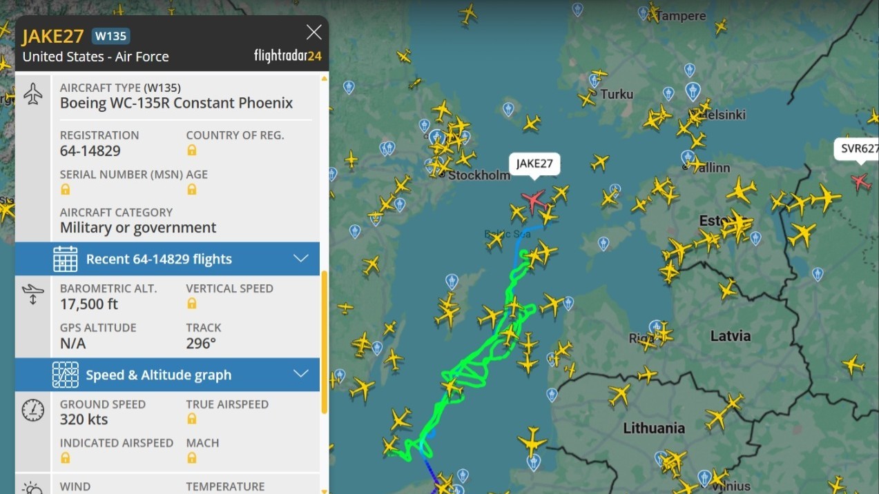 A rare United States Air Force aircraft designed to detect nuclear explosions is patrolling the Baltic Sea, close to the airspaces of Estonia, Latvia and Lithuania. Screenshot from the Flightradar24 page.