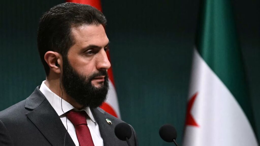 The Syrian president Ahmad al-Sharaa during a press conference with his Turkish counterpart – February 4, 2025 (AFP)