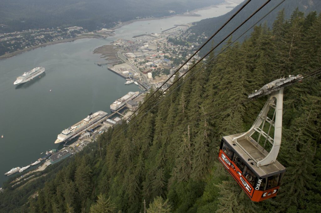 The Mount Roberts Tramway car nears the top of its run above Juneau, Alaska. (Michael Penn