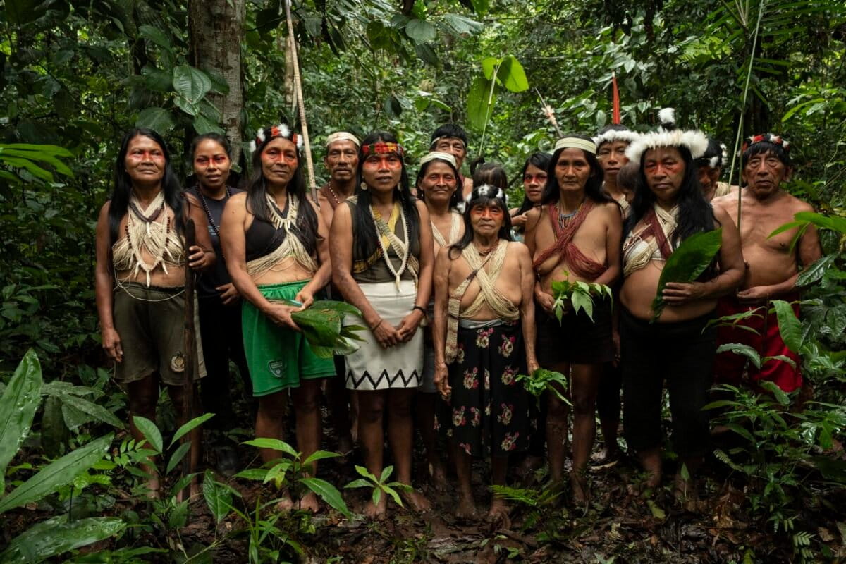 Waorani leader Nemonte Nenquimo with elders and community leaders.