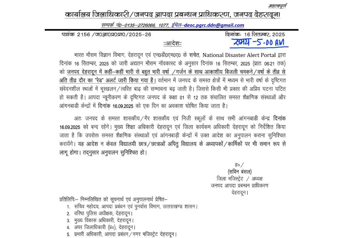 Schools to remain closed in Dehradun on September 16 after heavy rain alert issued