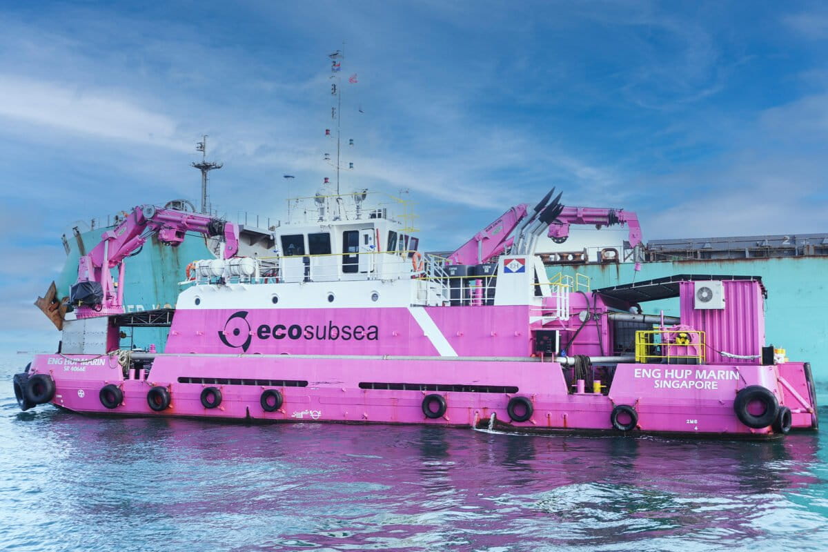 The “pink panther,” operated by the company ECOsubsea, conducts a hull cleaning of vessel Frontier Kotobuki in Singapore.