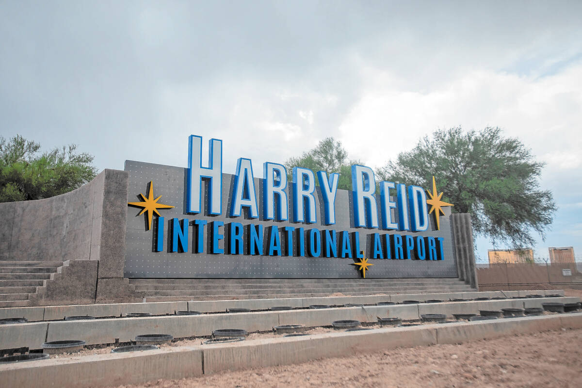 New Harry Reid International Airport signage, Thursday, July 18, 2024, in Las Vegas. (Daniel Ja ...