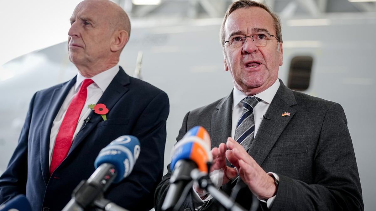 Boris Pistorius (right), German Federal Minister of Defence, and John Healey, UK Secretary of State for Defence, hold a press conference at the Royal Air Force Base in Lossiemouth.