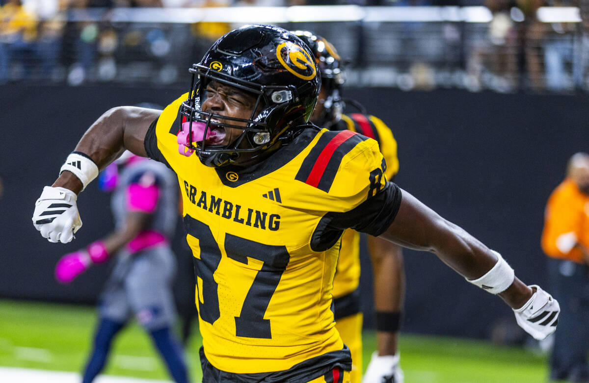 Grambling State Tigers wide receiver Andrew Frazier (87) is pumped after a touchdown reception ...