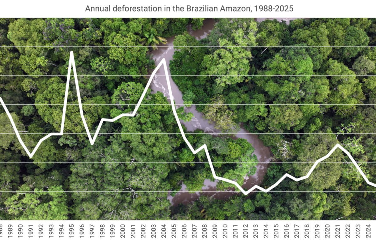 Annual deforestation in the Legal Amazon (Amazonia) from 1988-2025, according to a preliminary estimate from Brazil's national space research institute, INPE.