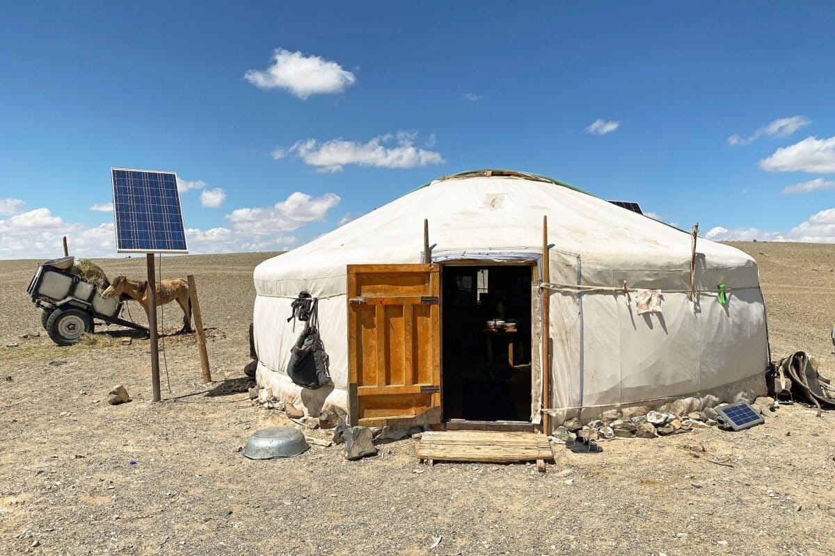 A yurt with solar panels in the Gobi Desert, Mongolia.