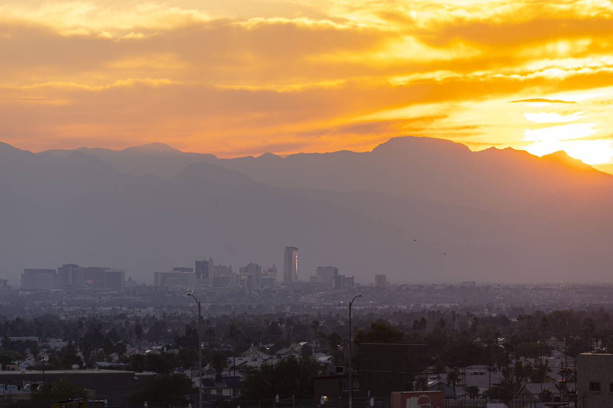 The downtown skyline is seen as as the sun sets on Tuesday, Aug. 5, 2025, in Las Vegas. (Chase ...