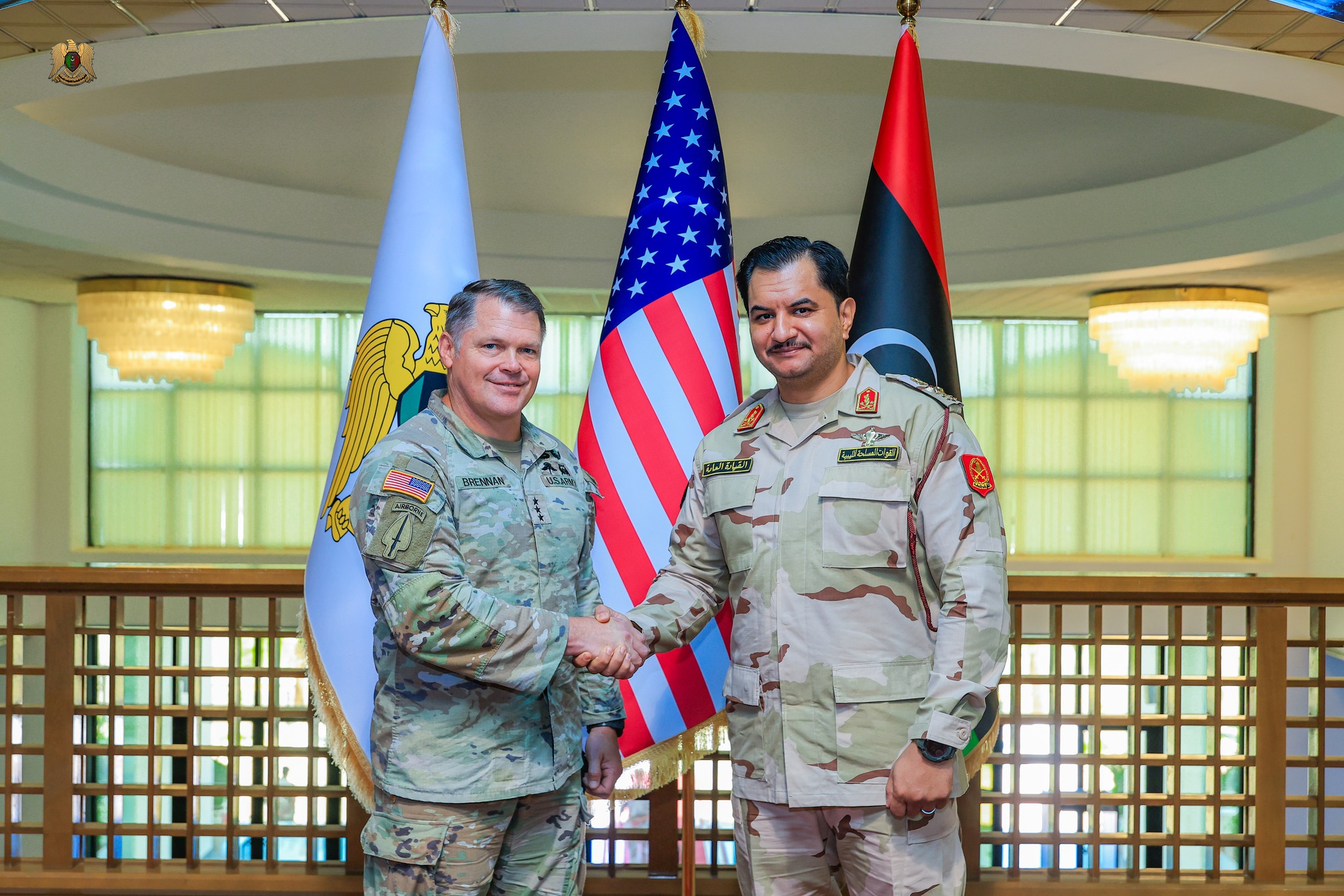 LNA Deputy Commander Lt. General Saddam Haftar, Right, meets Lt. Gen John Brennan, Deputy Commander of AFRICOM in Sirte, 14 October 2025. (LNA photo)
