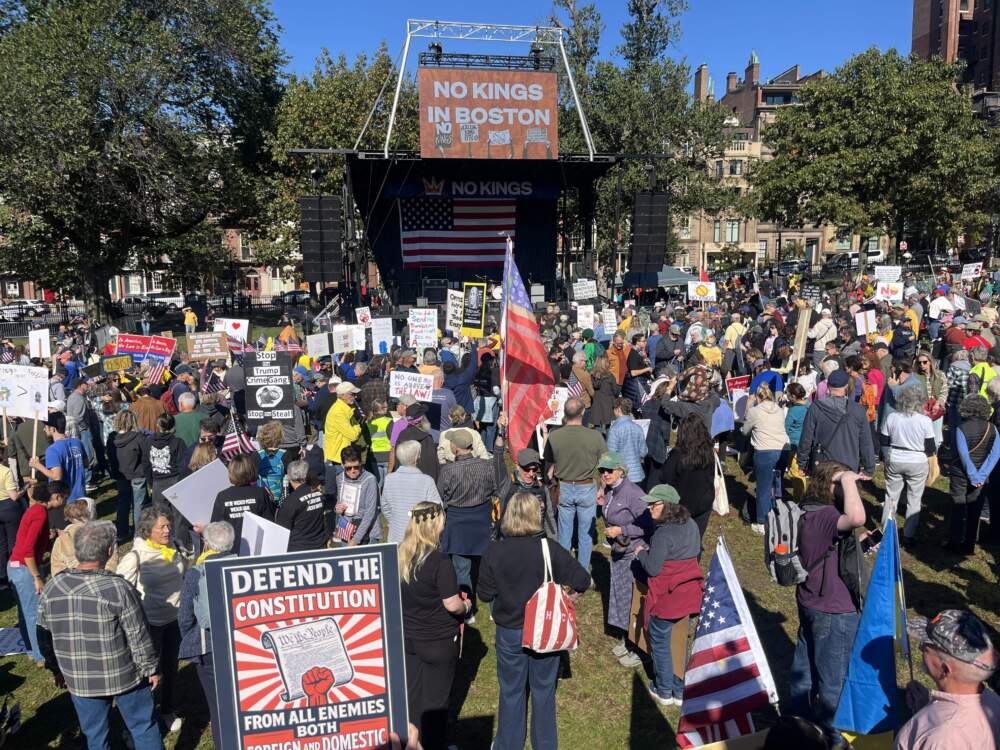 Demonstrators gather for the &quot;No Kings&quot; protest on Boston Common on October 18, 2025. (Stephanie Brown/WBUR)