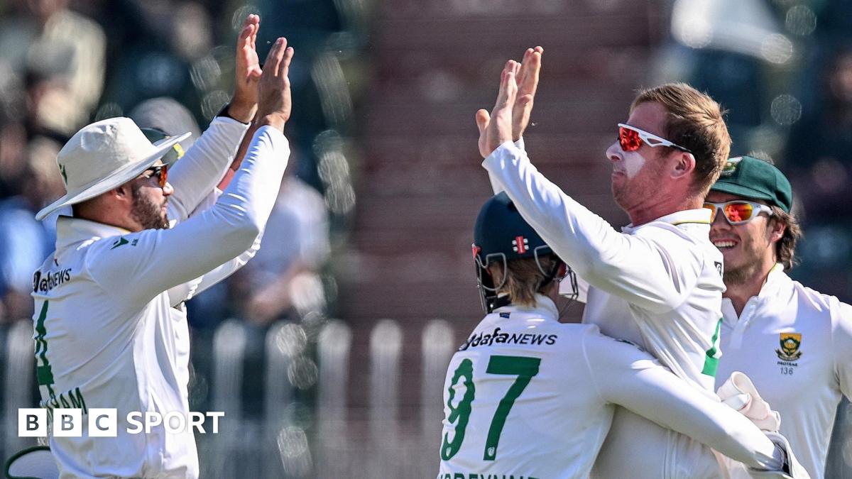South Africa spinner Simon Harmer celebrates a wicket