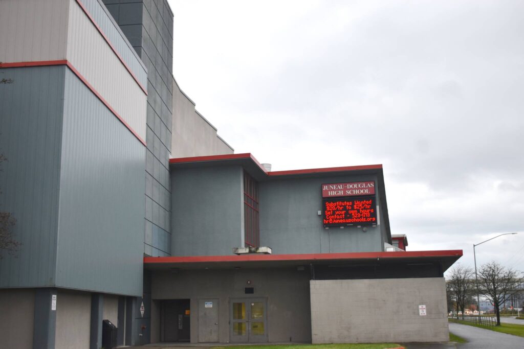 The digital billboard on Juneau-Douglas High School: Yadaa.at Kalé says “Substitutes Wanted.” (Mari Kanagy/Juneau Empire)