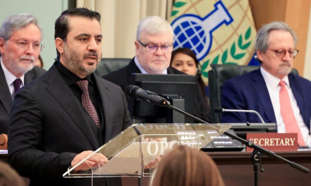 Syrian Foreign Minister Asaad al-Shibani addresses the OPCW Executive Council, 5 March 2025 (OPCW)