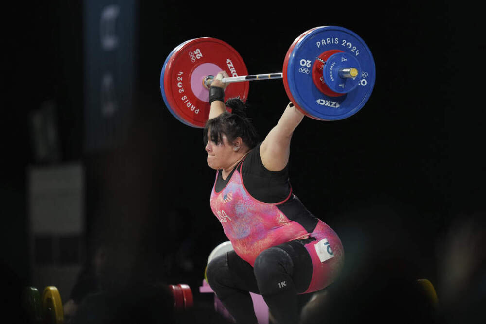 Mary Theisen Lappen of the United States competes during the women's +81kg weightlifting event at the 2024 Summer Olympics, Sunday, Aug. 11, 2024, in Paris, France. (AP Photo/Kin Cheung)
