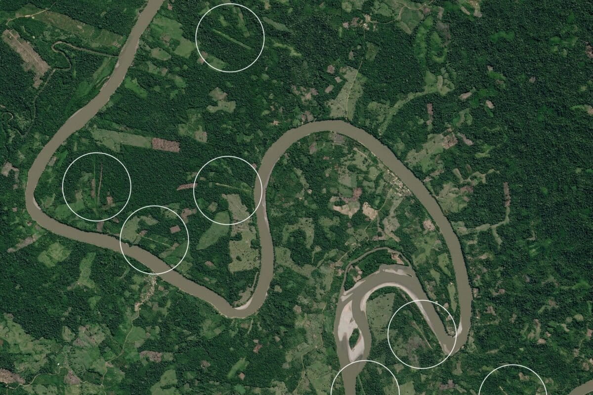 Featured image: The amendment to the organized crime law is criticized by prosecutors. In the image, nine clandestine airstrips detected by a Mongabay Latam investigation that affect the territories of two indigenous communities in the central jungle of Peru. Satellite image: Earth Genome / Mongabay Latam.