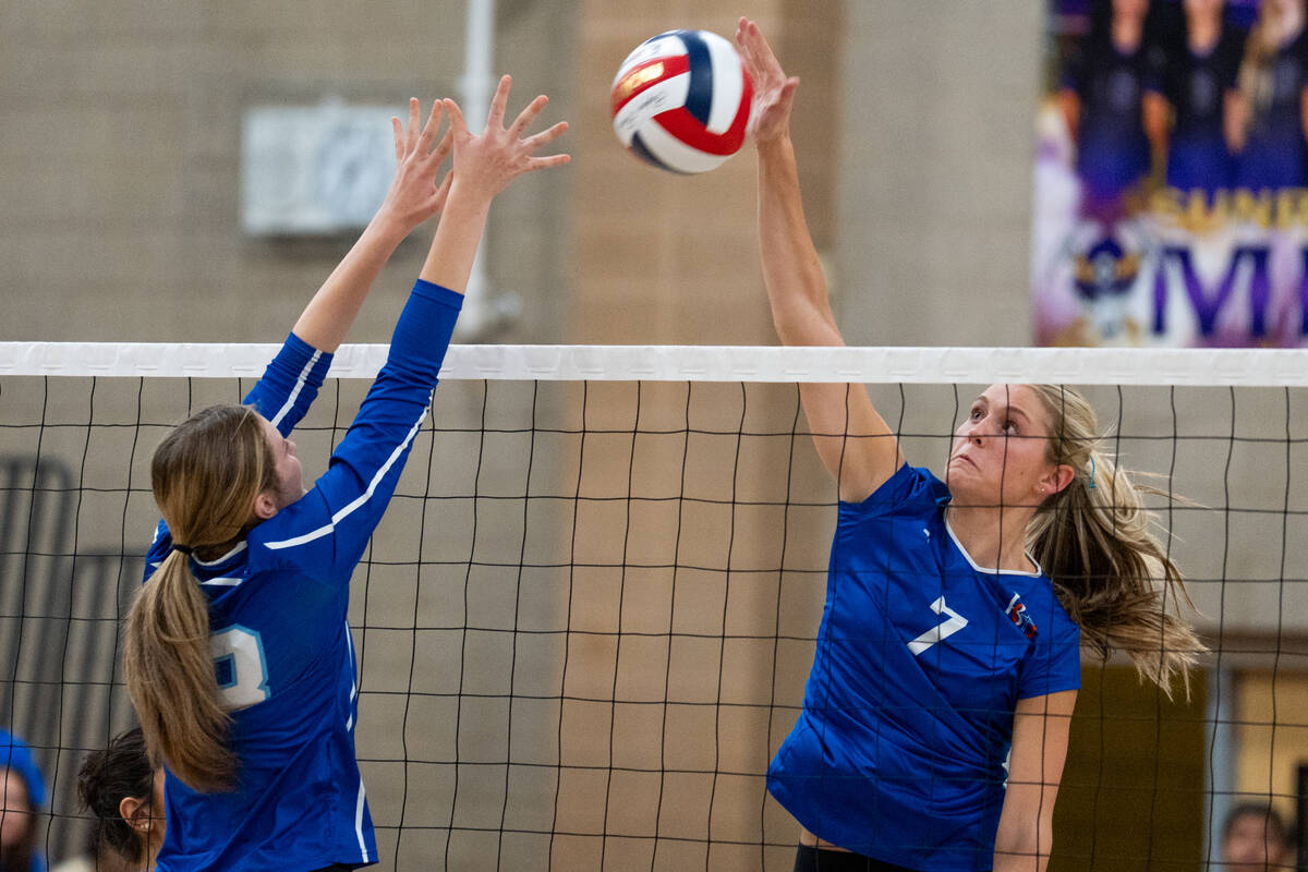 Bishop Gorman’s Ellie Prindl (7) completes a play during a Class 5A girls volleyball sta ...