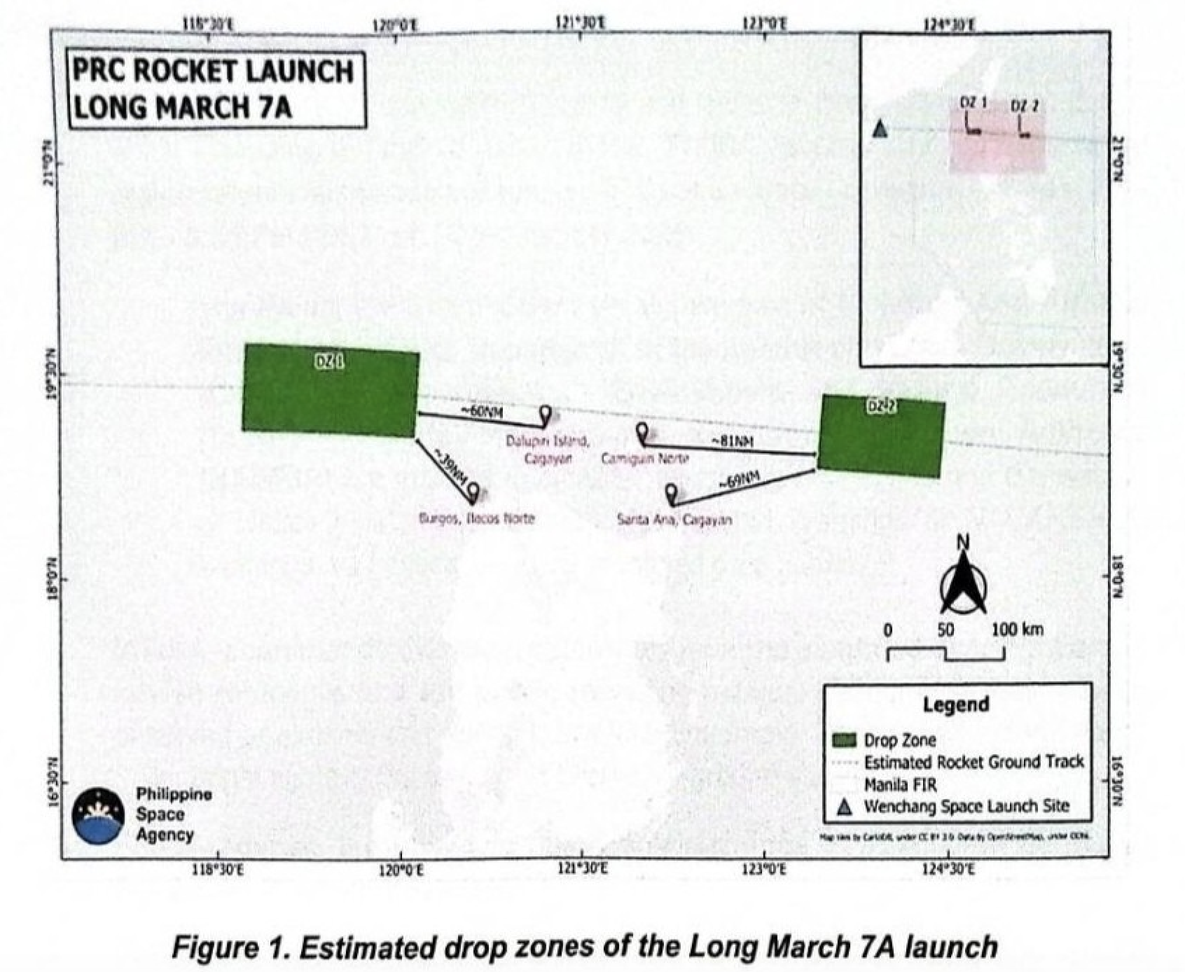 A map released by the Coast Guard District North Eastern Luzon Saturday, November 29, 2025, shows the estimated drop zones of the Long March 7A rocket to be launched on Sunday night.