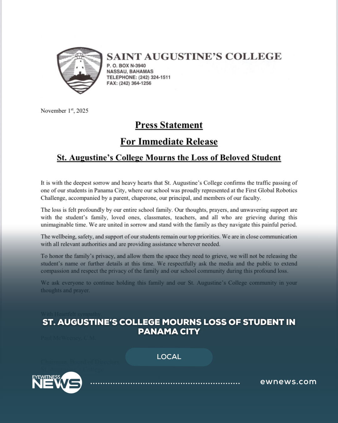 St. Augustine’s College Mourns Loss of Student in Panama City