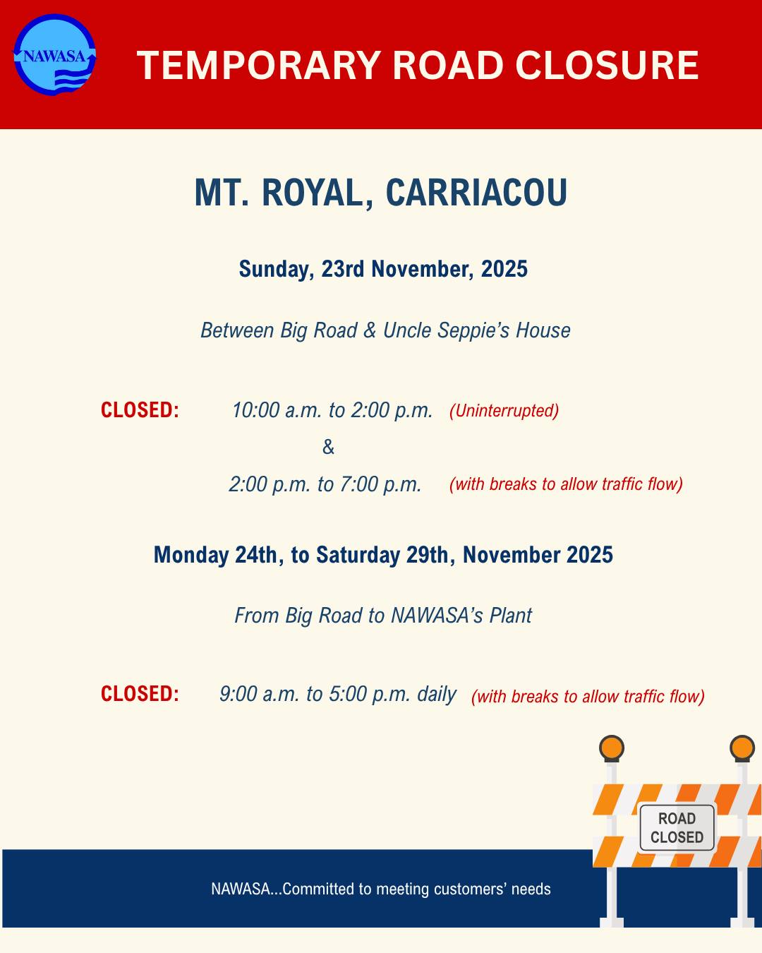 Temporary road closure: Mt Royal public road, Carriacou