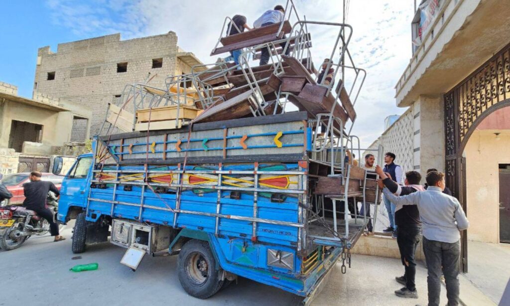 A batch of classroom desks delivered to the educational complex in the Maarrat al-Numan area (Idlib countryside, northwest Syria), 21 October 2025 (Idlib Governorate)