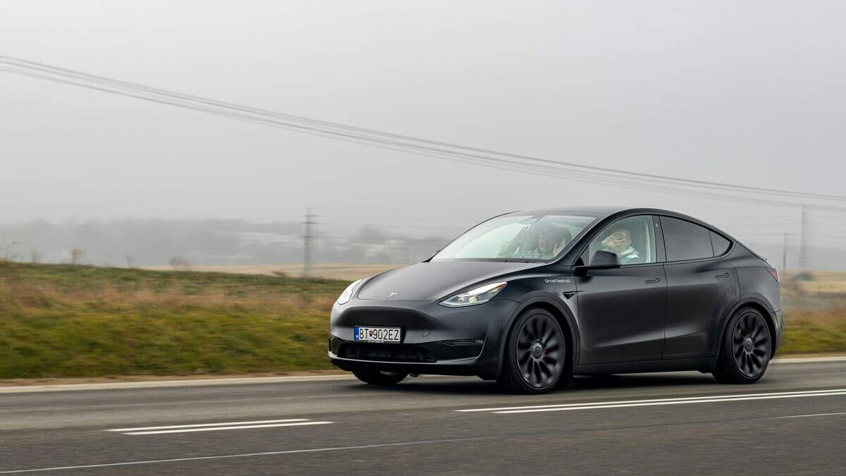 A black Tesla Model Y seen in Slovakia in 2023