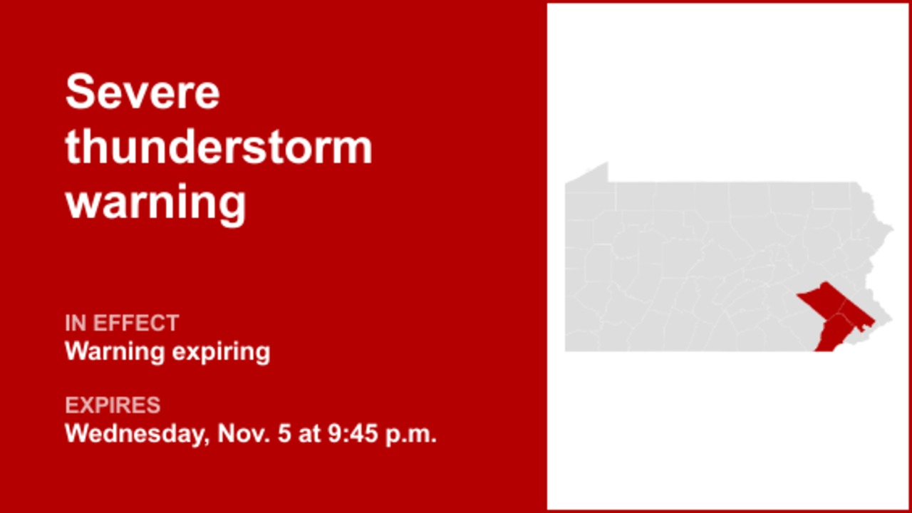 Update: Severe thunderstorm warning previously issued for Southeast Pa. will expire at 9:45 p.m.
