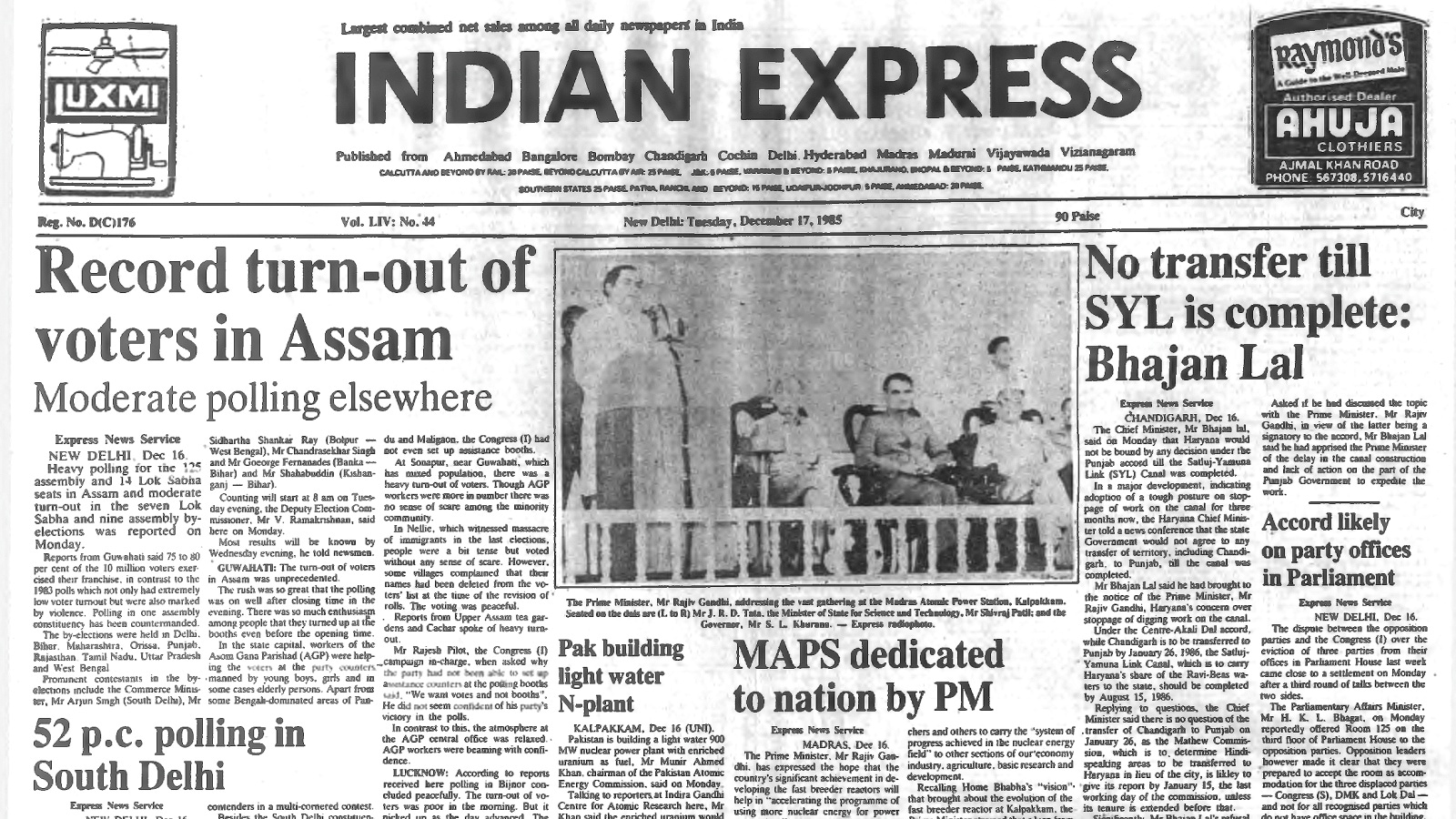 Record turnout in Assam, Bhajan Lal holds his ground, 40 Years Ago, Parliament office row, Gavaskar eyeing century, editorial, Indian express, opinion news, current affairs