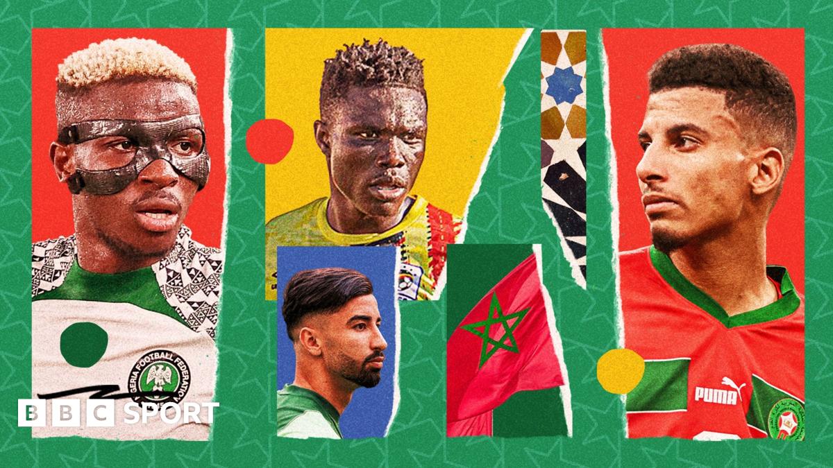 A colourful graphic showing Victor Osimhen, Rogers Mato, Mohamed Amoura and Azzedine Ounahi along with the Moroccan flag