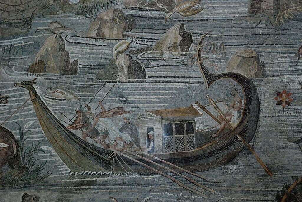 Boats portrayed in the Nile Mosaic of Palestrina are far smaller than the barge uncovered off Alexandria