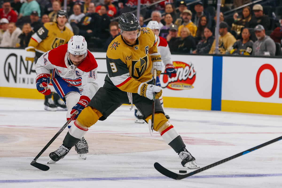 Golden Knights center Jack Eichel (9) skates with the puck during the third period of the game ...