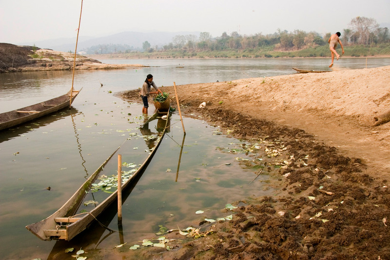 A woman gathers plants along the banks of the Mekong River while a child plays in the background. Water levels of the mighty Mekong River have dropped drastically due to drought-like conditions and damming upstream. The drop disrupts the region’s water supply, transport routes, and the livelihood of communities in Thailand, Laos, Cambodia and Vietnam. The UN Intergovernmental Panel on Climate Change (IPCC) predicts that more than one billion people will face water shortages due to climate change. Credit: © Greenpeace / Vinai Dithajohn