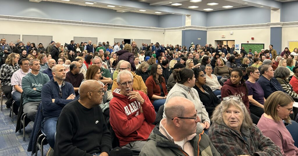 Packed Multipurpose Room at Mt. Pleasant Elementary for BSD Redistricting Workshop