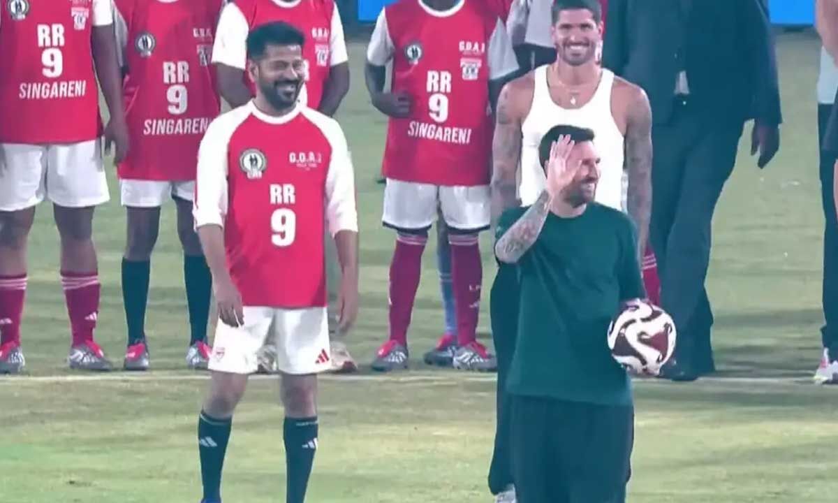 Revanth Reddy plays football with Lionel Messi's, scores goal
