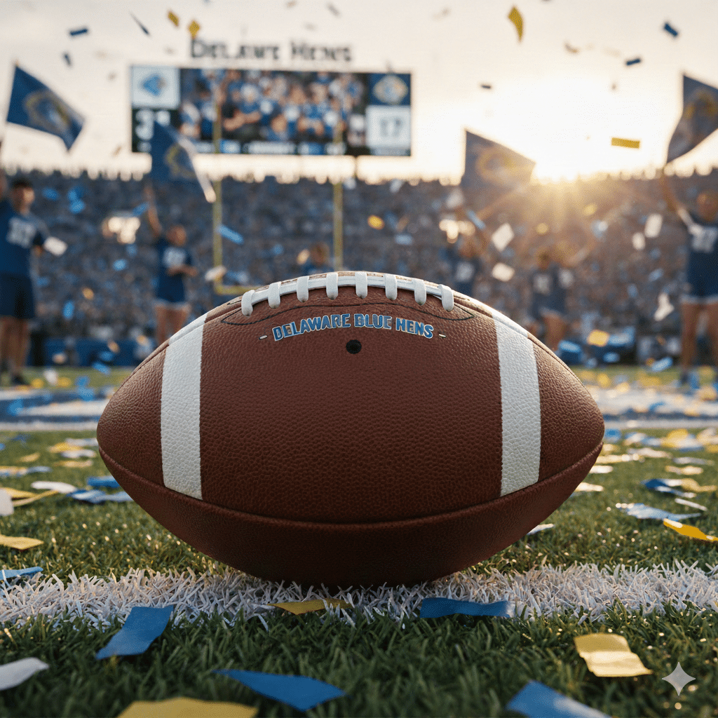 AI generated image of a Blue Hen football with celebratory blue and yellow confetti.