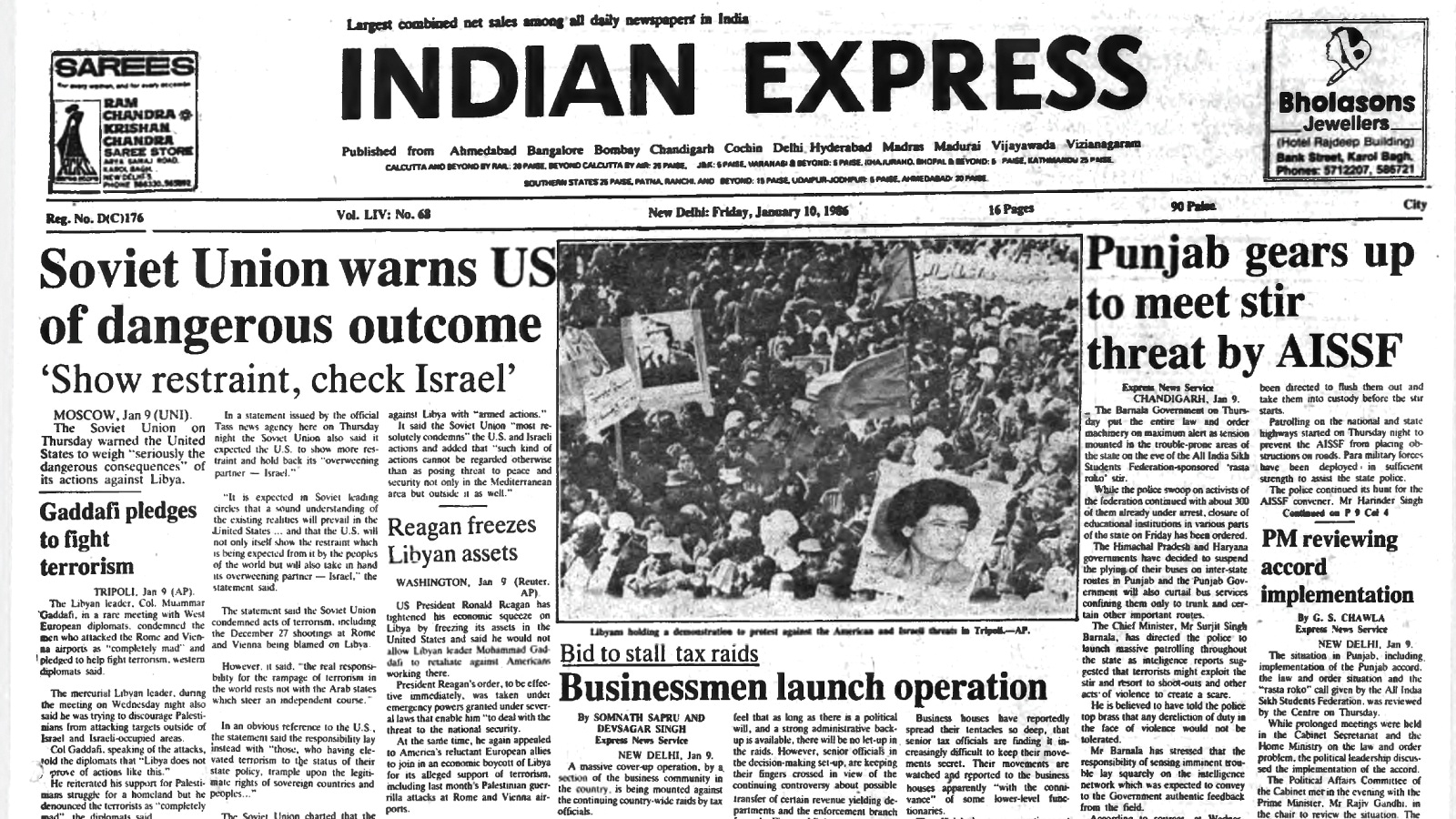 USSR warns US on Libya, Gaddafi’s pledge, India-Pakistan trade deal, Punjab stir, 40 Years Ago, editorial, Indian express, opinion news, current affairs