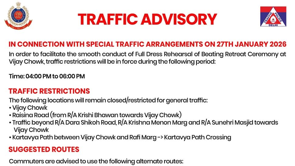 Delhi traffic alert today: Avoid these routes as roads closed for Beating Retreat rehearsal | India News