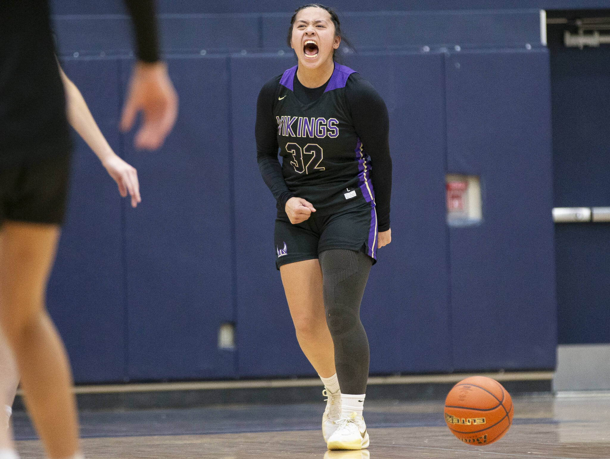 Lake Stevens’ Keira Isabelle Tupua reacts to beating Glacier Peak on Friday, Jan. 24, 2025 in Snohomish, Washington. (Olivia Vanni / The Herald)