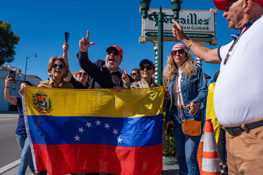 People celebrate outside Versailles Cuban Cuisine after President Donald Trump announced Venezuelan President Nicolás Maduro had been captured and flown out of the country, in Miami, Saturday, Jan. 3, 2026.