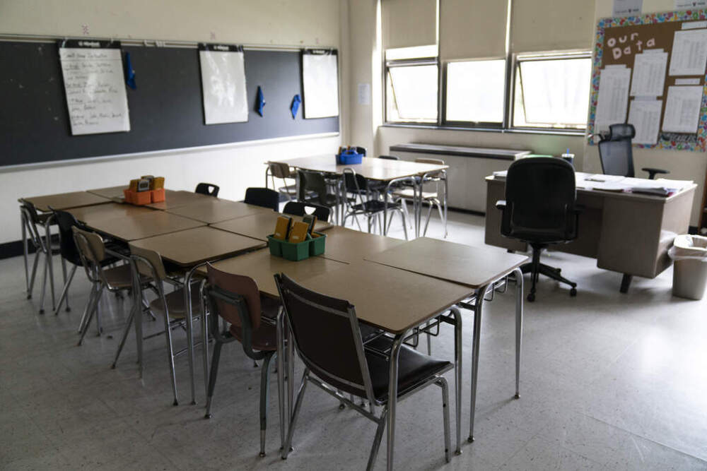 Desks in a classroom on May 3, 2023. (Matt Rourke/AP)