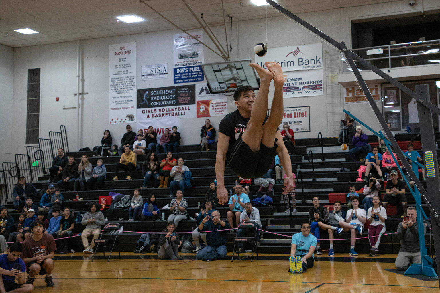 Kyle Khaayák'w Worl competes in the two-foot high kick at the 2020 Traditional Games. (Courtesy Photo / Sealaska Heritage Institute)